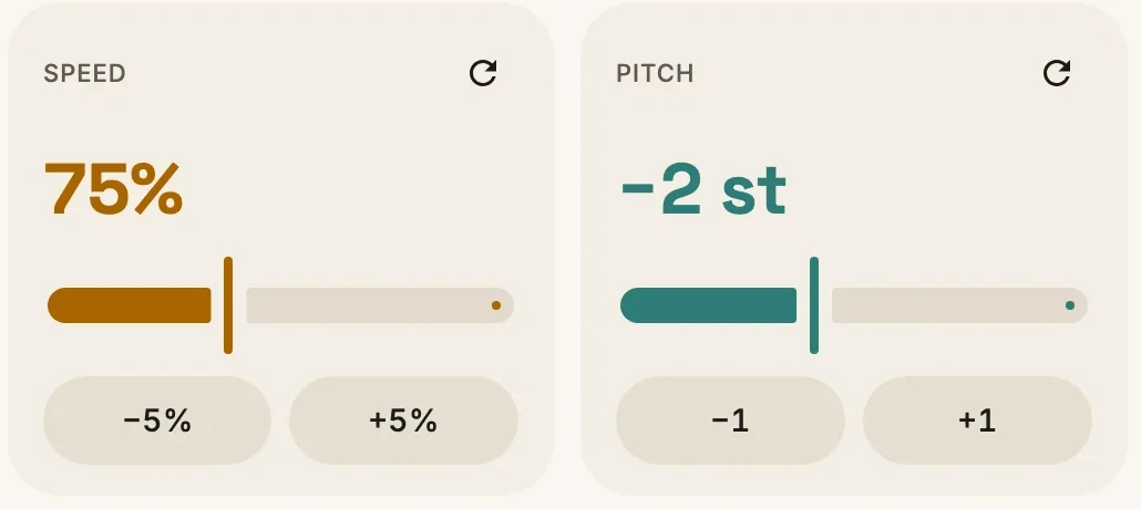 Speed at 75% and pitch at minus 2 semitones, each with a slider and step buttons