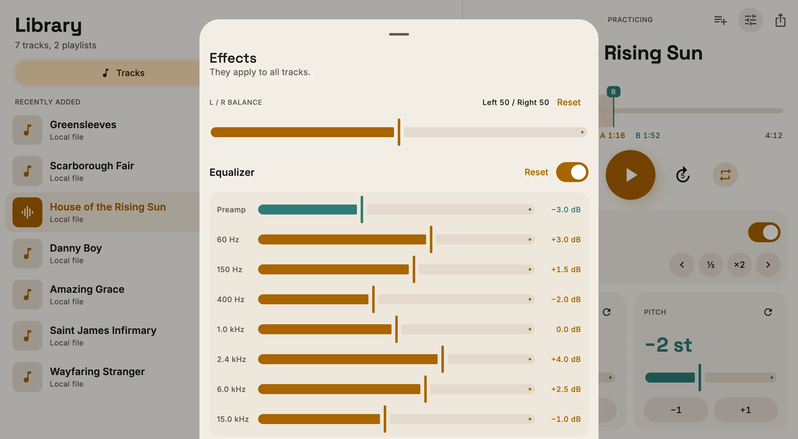 The effects panel with balance, preamp and equalizer
